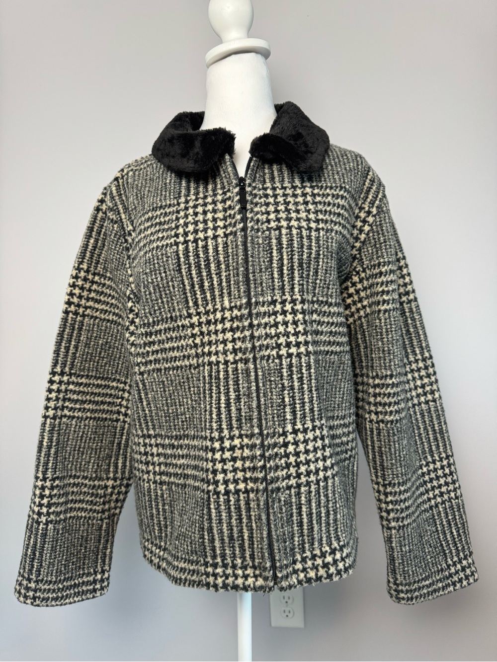 Vintage Talbots Plaid Check Jacket Faux Fur Collar Zip Up Women's XL